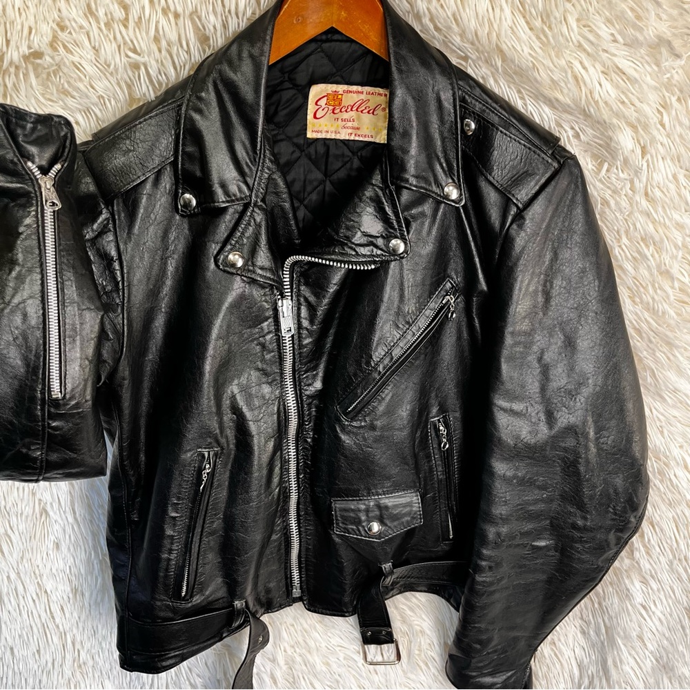 Vintage Excelled Black Leather Motorcycle Jacket Mens 42 Tall Made in USA Punk